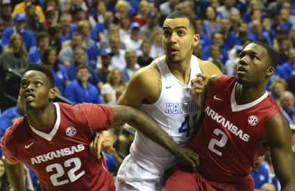Trey Lyles battles two Arkansas defenders during Sunday’s SEC tourney final (Jamie Vaught Photo)