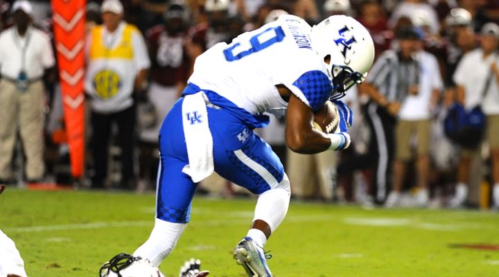 Kentucky receiver Garrett Johnson makes a catch in a win over South Carolina last week. Kentucky hosts Florida Saturday at Commonwealth Stadium (Photo by Victoria Graff)