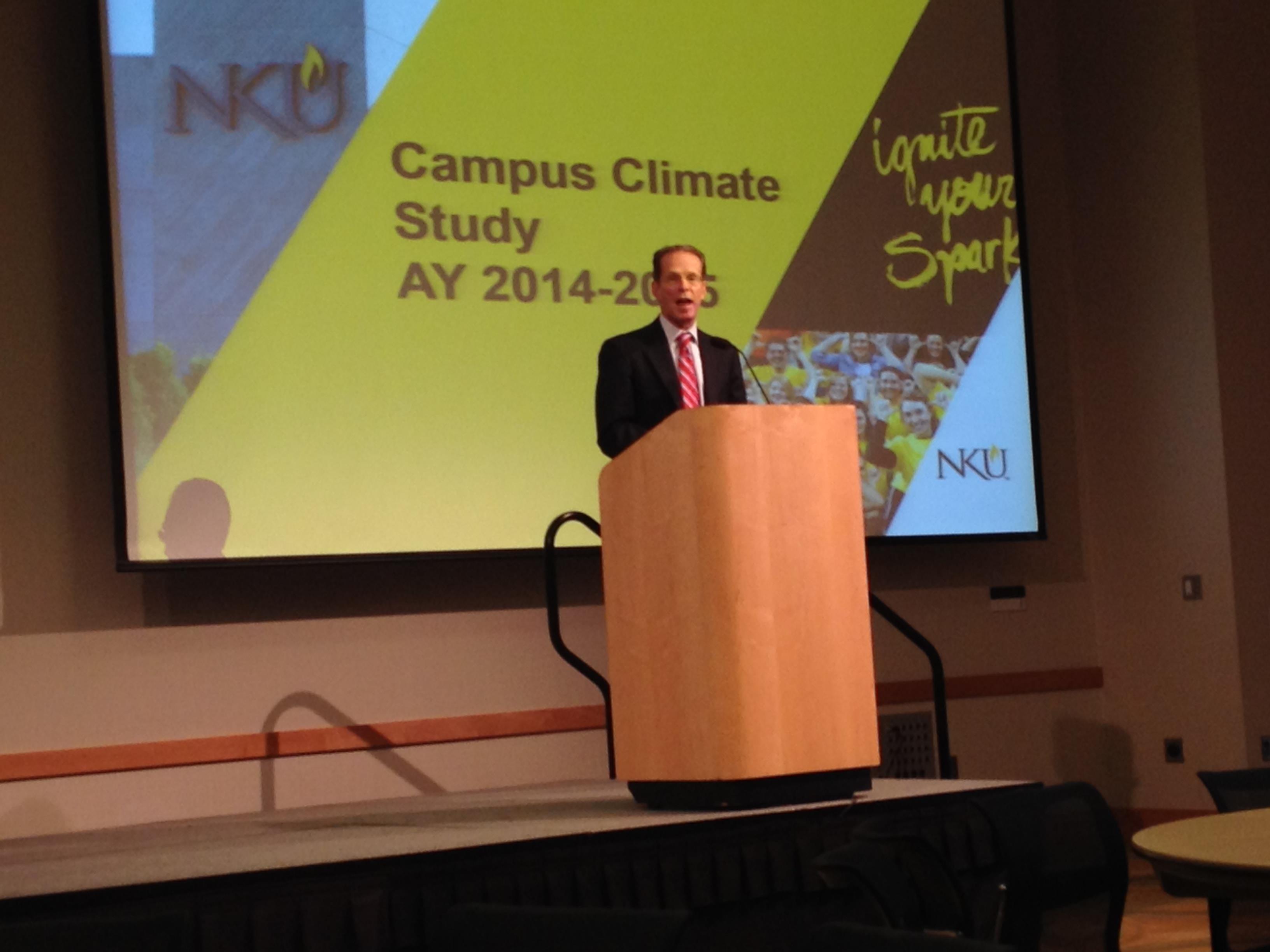 Northern Kentucky University President Geoffrey Mearns provided the opening remarks at Monday's Campus Climate Study presentation, but did not address the culture of fear identified by some faculty and staff members.