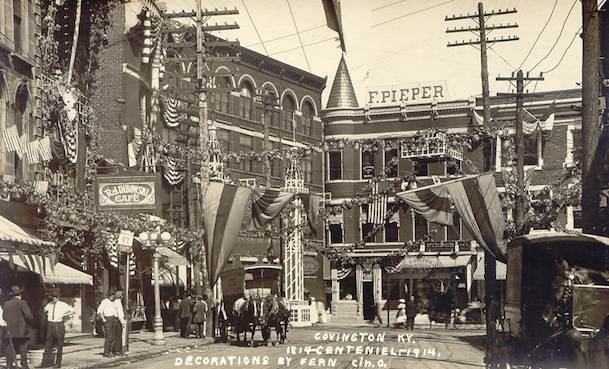 R. J. Dibowski’s cafe at 6 Pike Street had won the best-decorated business prize during Covington’s centennial celebration. Courtesy of the Kenton County Public Library, Covington.