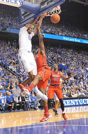 Marcus Lee slams home a dunk on an assist from Tyler Ulis Saturday night (Bill Thiry Photo)
