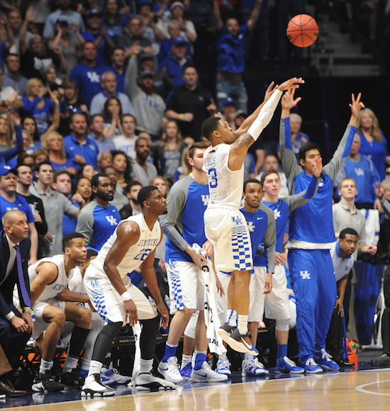 Kentucky players watch as Tyler Ulis drains a big three in the second half Saturday (Bill Thiry Photo)