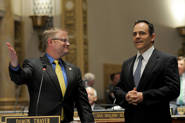 State Sen. Damon Thayer introduces Gov. Matt Bevin, who made a surprise appearance on the Senate floor late in the 2016 session (LRC Public Information Photo)