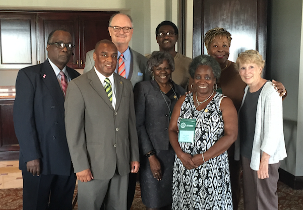 Attending the reception were, left front row, Jerome S. Bowles, president NKY Branch NAACP; Virinda Garland-Doddy, second vice president NKY Branch NAACP; Gloria Young, executive committee member NKY Branch NAACP; Covington Mayor Sherry Carran; back row right, Crystal Madaris, executive committee member NKY Branch NAACP; Rev. Ted Spivey, Robbin Street Christian Church, Covington; State Sen. John Schickel, and Rev. Bennie Brown.