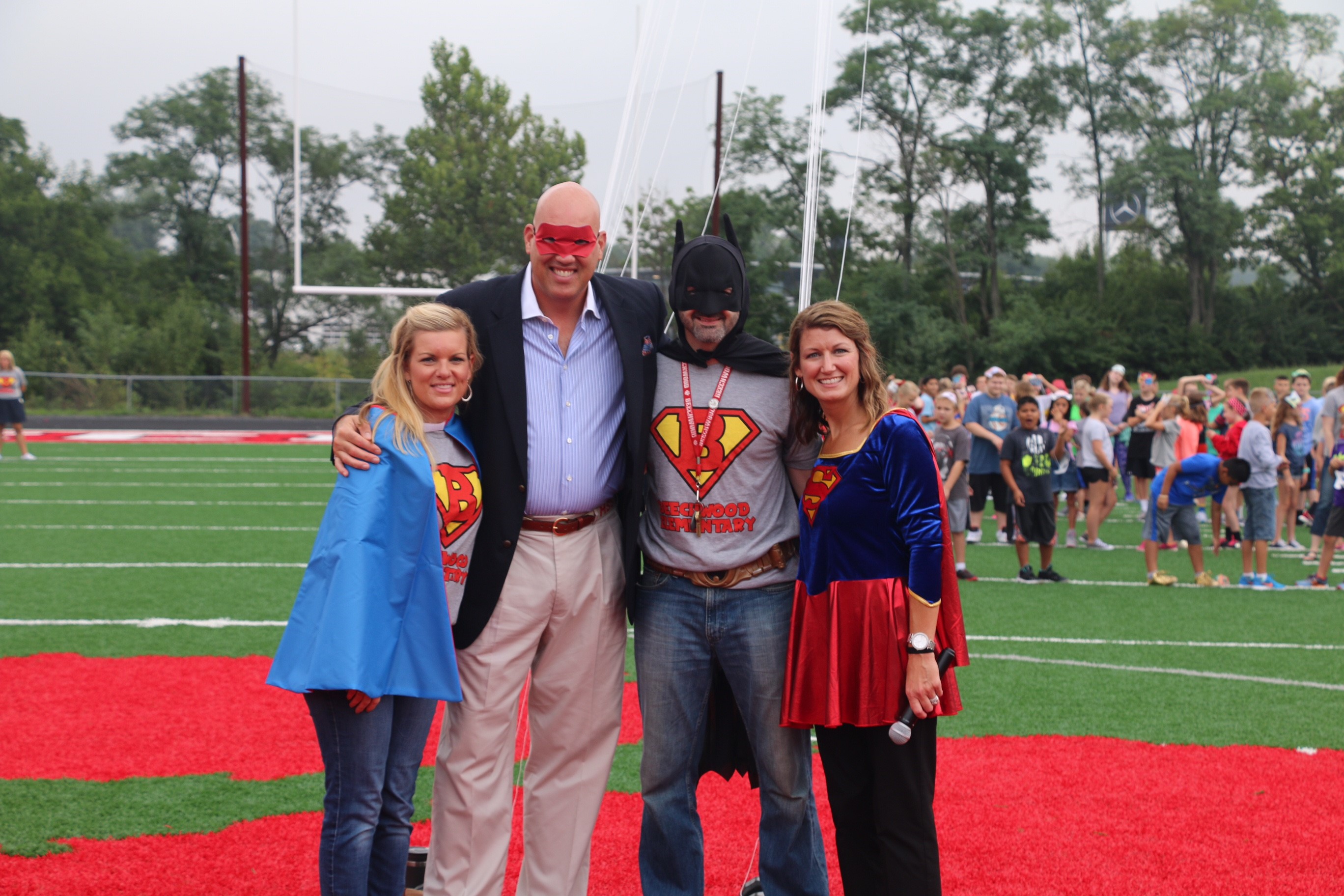 Beechwood Superintendent Mike Stacy with members of his Beechwood Elementary super hero staff