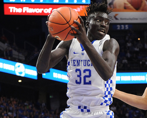UK freshman Wenyen Gabriel pulls down a rebound in last week's exhibition win over Clarion. The Wildcats host Asbury Sunday at Rupp Arena (Bill Thiry Photo)