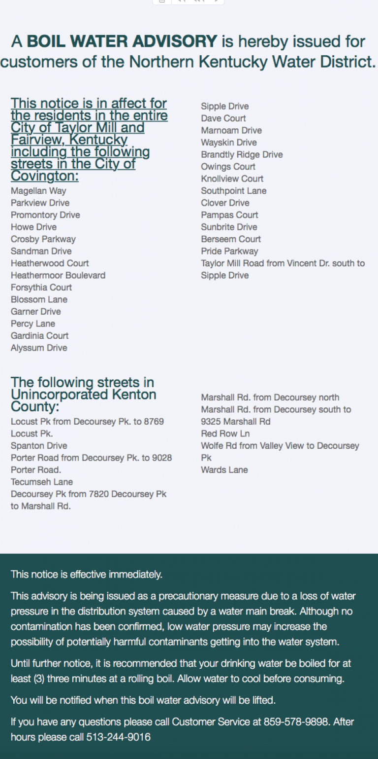 NKY Water District rescinds boil water warning Taylor Mill, Fairview