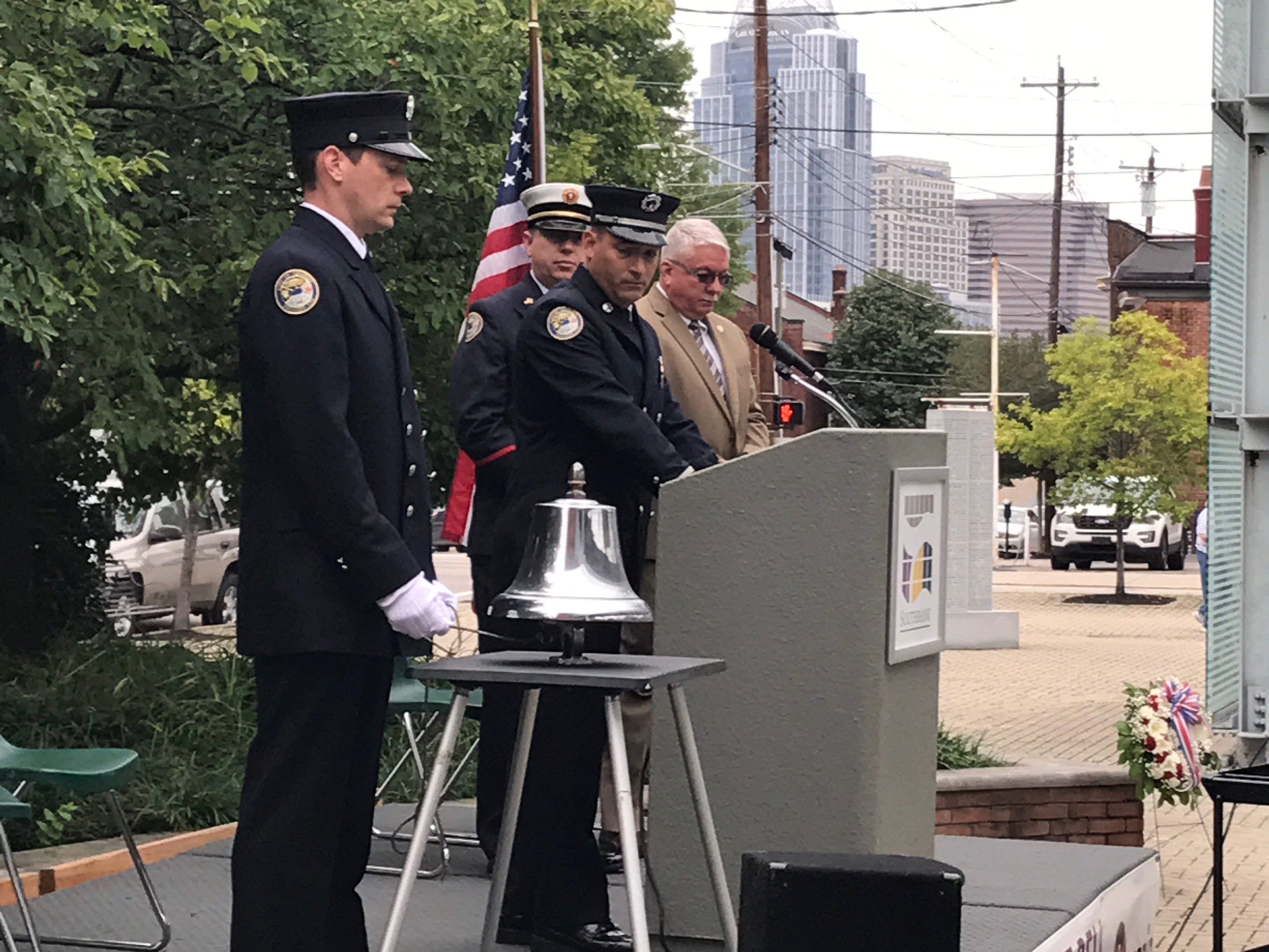 Firefighters from throughout NKY gather at World Peace Bell in Newport to remember those lost on 9/11