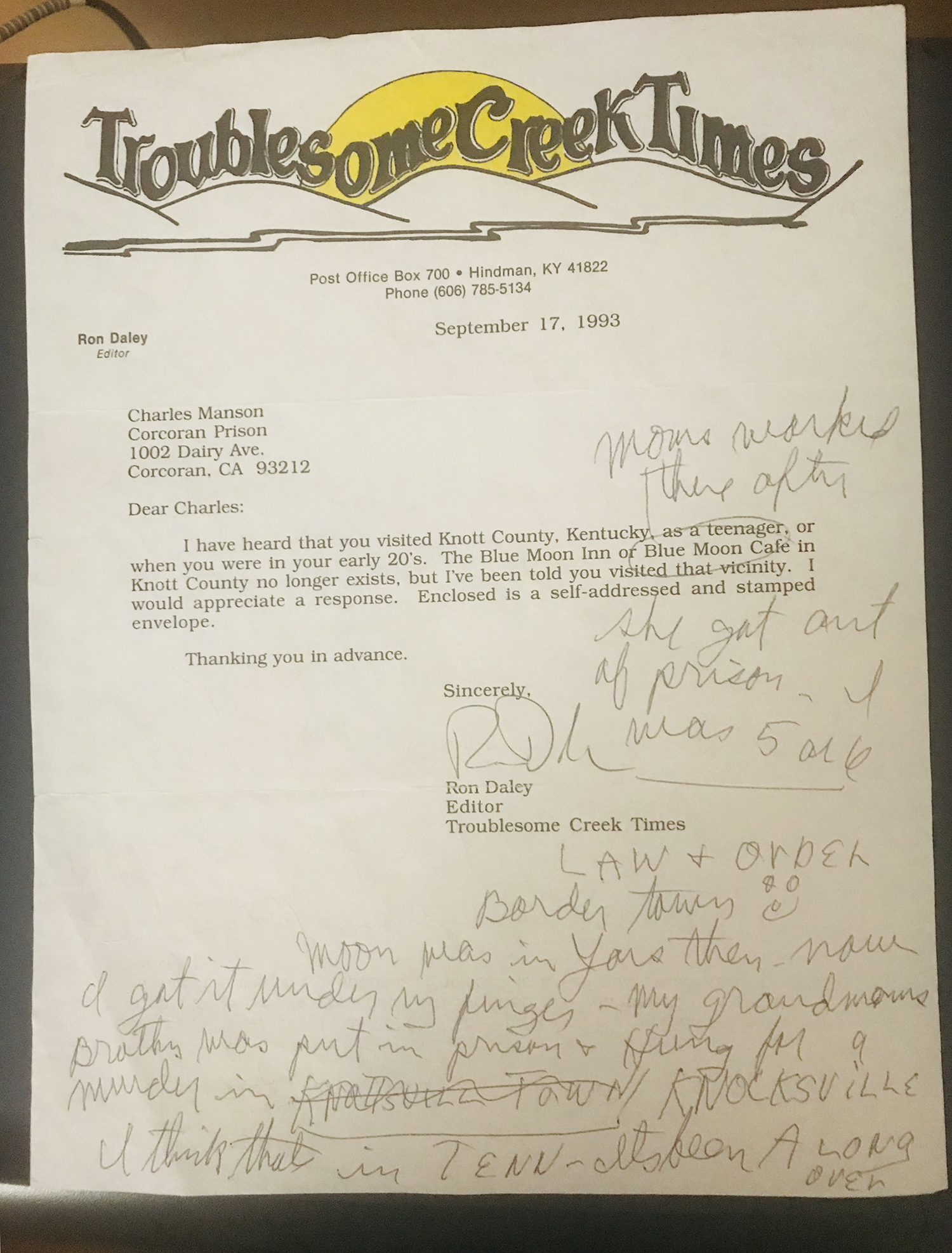 Ron Daley Reflecting on letter from Charles Manson and his time in KY