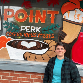 Coffee is also an art for Sidney Marra, new barista at The Point-Perk; new mural says it all